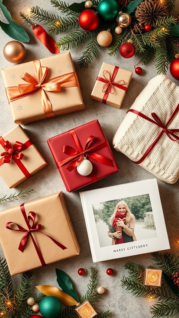 A collection of Christmas gifts including a personalized photo album, cozy blanket, and wrapped presents on a festive background.